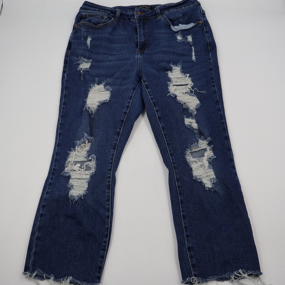 Judy Blue Distressed Straight Leg Jeans Womens 14W Dark Blue Raw Hem JB88220 DK